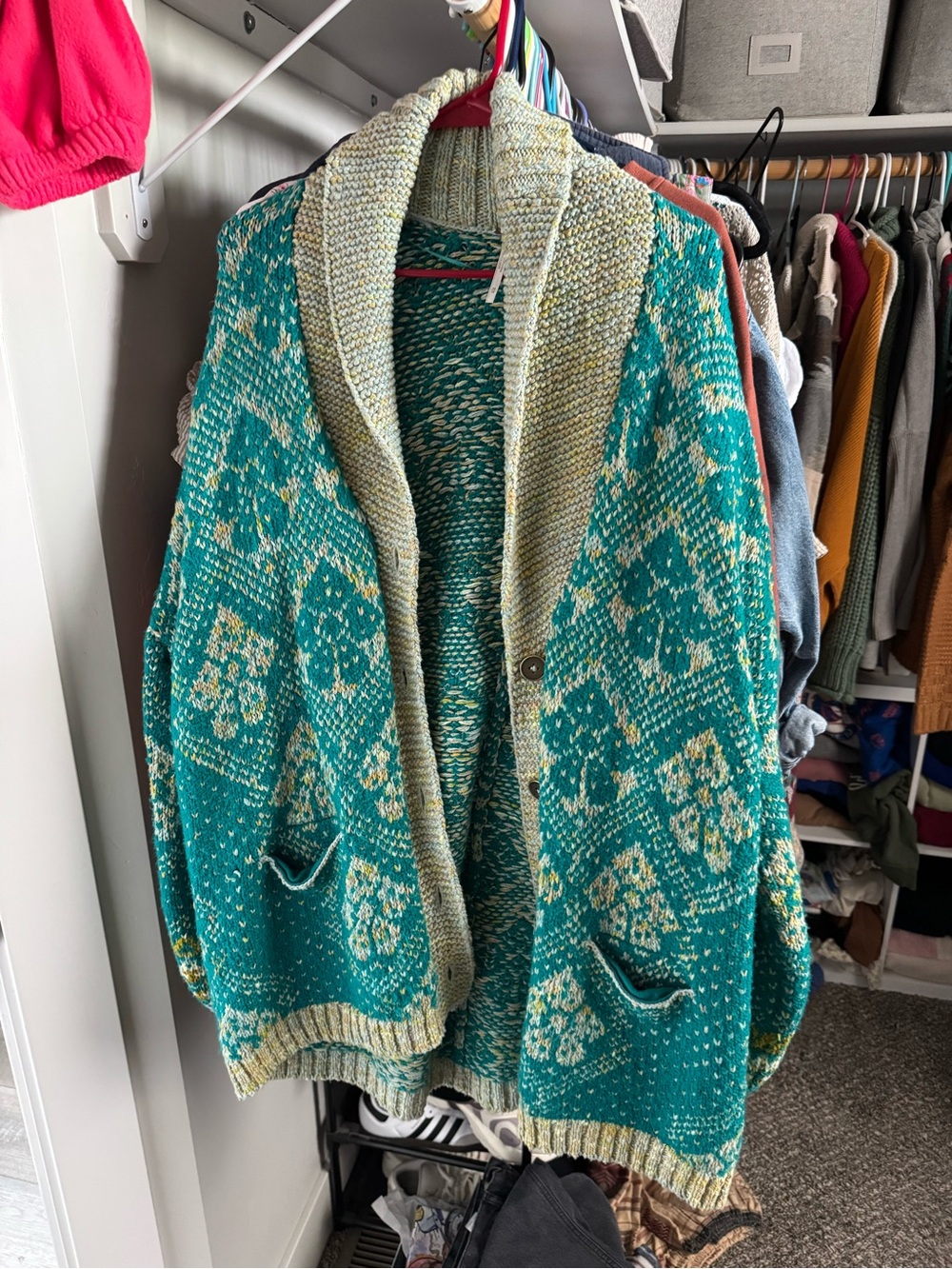 Free People Teal Green Patterned Knit Cardigan